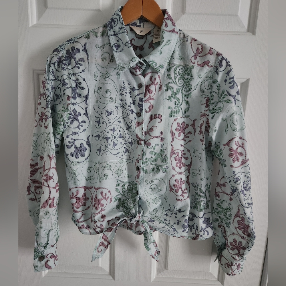J. Jill 100% Cotton Floral Patterned Button-Up Shirt With Front Tie